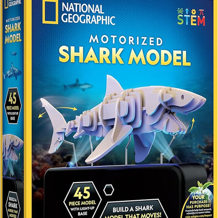 National Geographic Motorized Shark 3D Puzzle - 45-Piece 3D Wood Model Kit with Light-Up Motorized Display Base with 8 Light Settings, 3D Puzzles for Kids, Wooden Animal Puzzle, Shark Toy