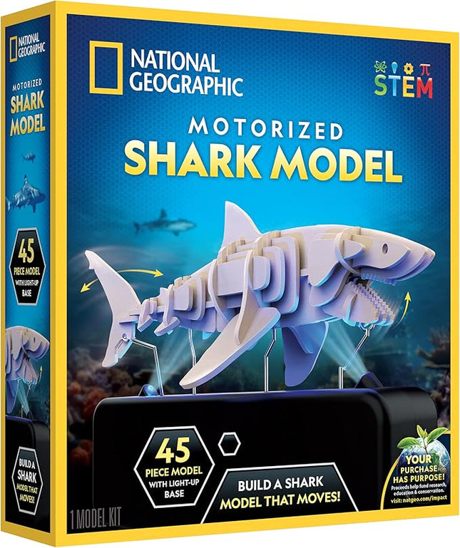 National Geographic Motorized Shark 3D Puzzle - 45-Piece 3D Wood Model Kit with Light-Up Motorized Display Base with 8 Light Settings, 3D Puzzles for Kids, Wooden Animal Puzzle, Shark Toy