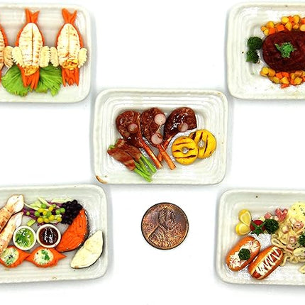 Lovely Mixed 5 Assorted Grilled, Steak, with Appetizer Dish Dollhouse Miniature Food, Tiny Food for Collectibles, Compatible with Barbie Dollhouse and Diorama Scale 1:6, 1/6