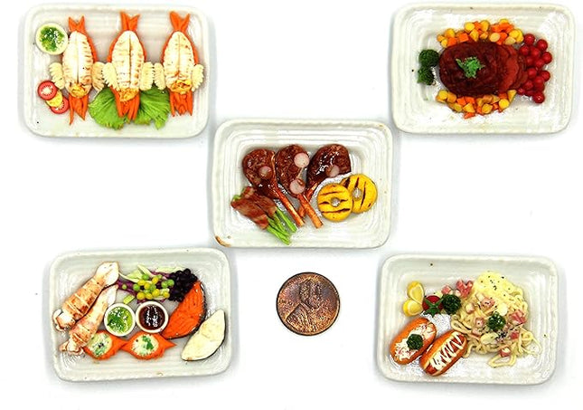 Lovely Mixed 5 Assorted Grilled, Steak, with Appetizer Dish Dollhouse Miniature Food, Tiny Food for Collectibles, Compatible with Barbie Dollhouse and Diorama Scale 1:6, 1/6