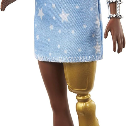 Barbie Fashionistas Doll #146 with 2 Twisted Braids & Prosthetic Leg Wearing Star-Print Dress, White Shoes & Arm Bracelet, Toy for Kids 3 to 8 Years Old