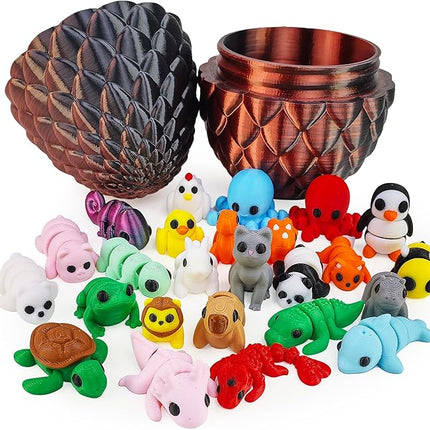 25 pcs Mini 3D Printed Animal Figurines Set with Dragon Egg: Articulated, Flexible, and Exquisitely Cute Fidget Toys for Play and Display for Valentine's Day, Easter, Bithday