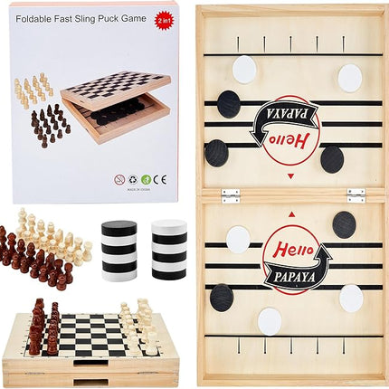 Foldable Fast Sling Puck Game with Chess Board and Checkers Board, Tic Tac Toe. Wooden Air Hockey Family Night,Table Games Gifts for Adults and Kids