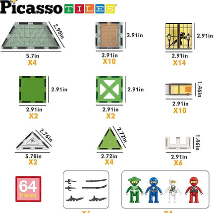 PicassoTiles Magnet Tile Building Blocks Ninja Dojo House Theme STEM Playset with 4 Character Action Figure Ninjas Weapon Accessories Magnetic Tiles Educational Toy Pretend Play Toddlers Ages 3+ PTQ07