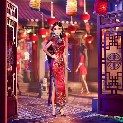 Barbie Signature Lunar New Year Doll (12-inch Brunette) Wearing Red Satin Cheongsam Dress with Accessories, Collectible Gift for Kids & Collectors