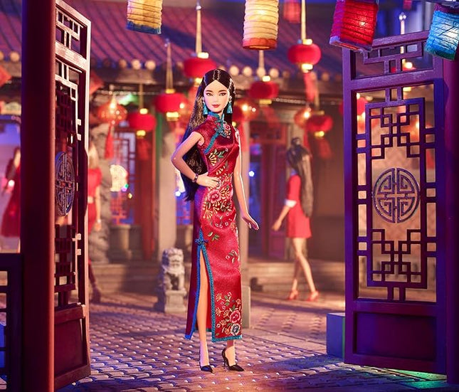 Barbie Signature Lunar New Year Doll (12-inch Brunette) Wearing Red Satin Cheongsam Dress with Accessories, Collectible Gift for Kids & Collectors