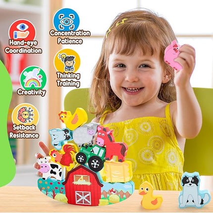 Montessori Toys for Kids 3-7 Wooden Farm Animal Blocks Stacking Games Educational Toy for 3 4 5 6 Year Old Girls Boys Christmas Birthday Gifts for Grandkids Toddler Balance Game Girls Age 3-5