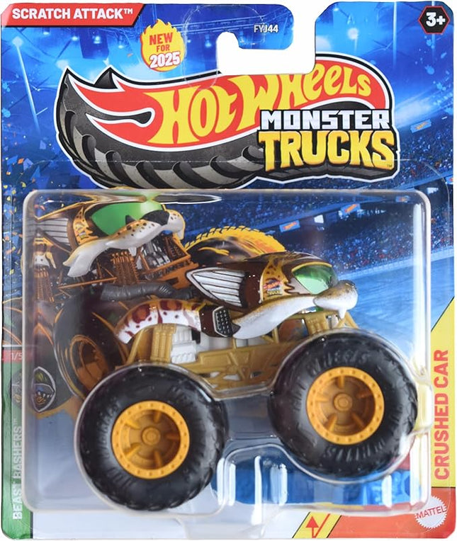 Hot Wheels Monster Trucks Scratch Attack, Beast Bashers 1/5 Includes Crushed Car 1:64 Scale