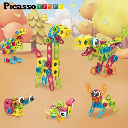 PicassoTiles 115 Piece Building Blocks Set Kids STEM Toy Construction Engineering Sensory Toys Kit Block Children Early Education Playset with FREE IdeaBook, Clickable Ratchet Age 3+ Boys Girls PTN115
