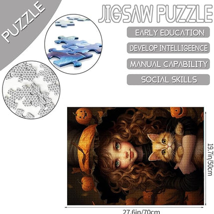 Halloween Pumpkin Girl Jigsaw Puzzle Curly Brown Hair Doll Holding Cat 1000 Piece Jigsaw Puzzles for Adults Home Decor Family Puzzle Perfect for Game Nights Ideal Gift 20 x 27 Inch