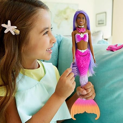 Barbie Mermaid Doll, “Brooklyn” with Pink Hair, Styling Accessories, Pet Dolphin and Water-Activated Color Change Feature, HRP98