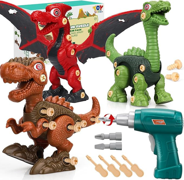 TOY Life 3-Pack Take Apart Dinosaur Toys for Kids 3 5 7 Kid Dinosaur Toy with Electric Drill Birthday Gifts Take Apart Toy for Boys Building Toys for Kids Ages 4-8 Stem Toys Tool Set