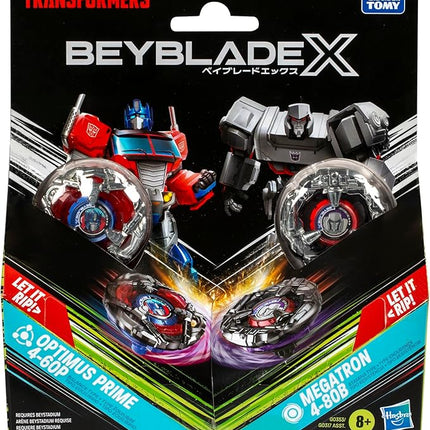 Beyblade X Transformers Collab Optimus Prime 4-60P vs. Megatron 4-80B Multipack Set with 2 Tops & 2 launchers; Battling Top Toys for 8 Year Old Boys & Girls (Amazon Exclusive)