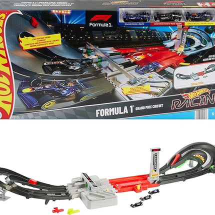 Hot Wheels Toy Car Track Set, Formula 1 Grand Prix Circuit Track Set with 3 1:64 Scale Die-Cast Toy Cars, Two Modes of Racing with a Motorized Booster