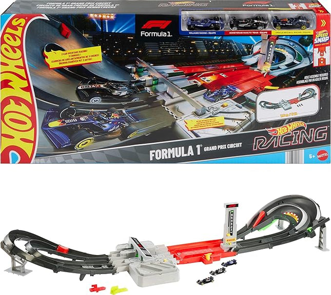 Hot Wheels Toy Car Track Set, Formula 1 Grand Prix Circuit Track Set with 3 1:64 Scale Die-Cast Toy Cars, Two Modes of Racing with a Motorized Booster