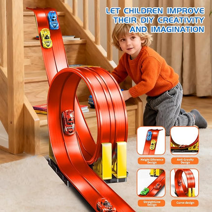 19ft Build Anywhere Portable Race Track with Suction Cups - Flexible Roll-Up Design Fits 1/64 Scale Cars, Portable Toy Gift for Kids 4+ Year Old