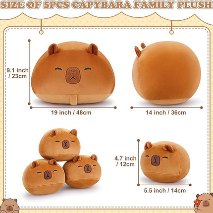 5 PCS Capybara Plush Stuffed Animal Family-19" Large Round Capybara Plush, Large Mommy Plushies with 4 Baby Plushie Toy for Kids, Kawaii Body Pillow Christmas Birthday Gifts for Kids Boys Girls