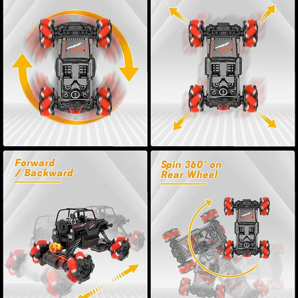 RC Stunt Car, Remote Control Car with 360° Rotation, Sideway Drift, Spray, All Terrain 4WD RC Stunt Hobby Cars for 6-12 Years Old Boys (Red)