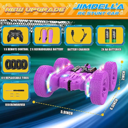 Remote Control Cars for Girls, 2.4GHz RC Stunt Car with 360° Flips & Double Sided Driving, LED Strip Lights and Headlights, Changeable Wheels, Birthday Gift for 5-12 Year Old Girls (Purple)
