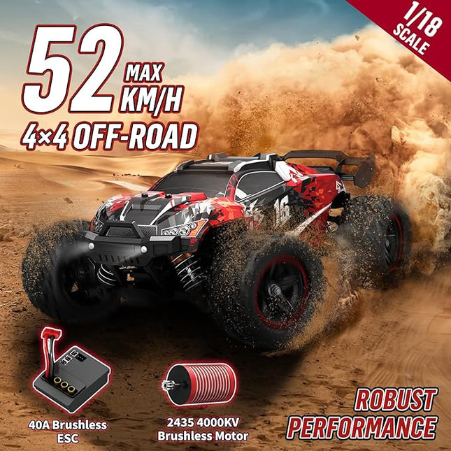 1/18 Brushless RC Car for Adults & Kids, 52KM/H Fast Multi-Terrain Off-Road RC Truck, 2.4GHz Remote Controller and 2 x 7.4V 1500mAh Li-on Batteries