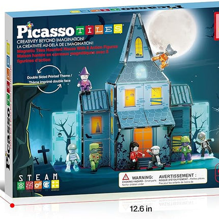 PicassoTiles Haunted House Theme Magnet Tile Building Blocks 8 Action Figures Magnetic Construction Toy Double Sided Printing Education STEM Learning Playset Halloween Adventure Kid Ages 3+ PTQ03