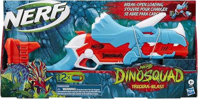 Nerf DinoSquad Tricera-Blast Dart Blaster, 12 Nerf Elite Darts, Kids Outdoor Toys, Dinosaur Toys for 8 Year Old Boys and Girls and Up, Triceratops Design