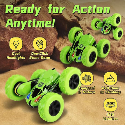 Threeking RC Stunt Cars Remote Control Car Double-Sided Driving 360-degree Flips Rotating Car Toy, Green