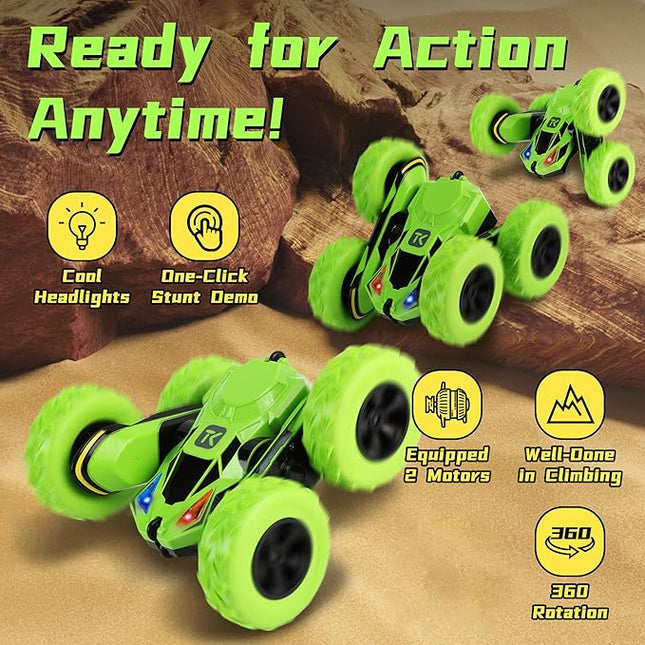 Threeking RC Stunt Cars Remote Control Car Double-Sided Driving 360-degree Flips Rotating Car Toy, Green