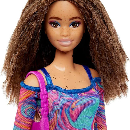 Barbie Fashionistas Doll #206 with Crimped Hair & Freckles Wearing Removable Rainbow Marble-Print Dress, Green Mules & Purse