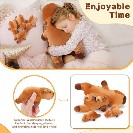 5 PCS Capybara Plush Stuffed Animal Family-Capybara Plush, 20" Large Mommy Plushies with 4 Baby Plushie Toy for Kids, Kawaii Body Pillow Christmas Birthday Gifts for Kids Boys Girls