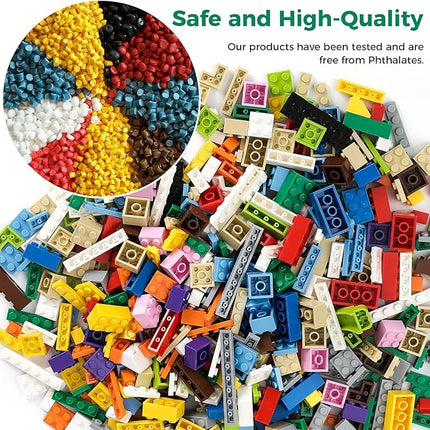 1100 Pieces Building Blocks, Compatible with All Major Brands, Classic Bulk Blocks, Includes Wheels, Door, Window, Street Lights