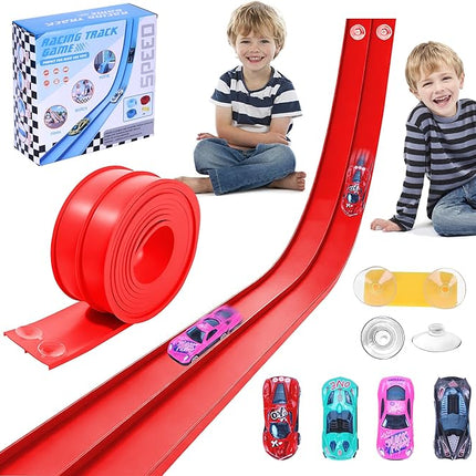 Flexible Race Car Ramp Track for Kids Toy 4 Small Race Cars and 8 Suction Cups Compatible with Hot Wheels and Diecast 1/64th Cars, Rolls Up Portable Racetrack for Ages 3 & Up (Red)