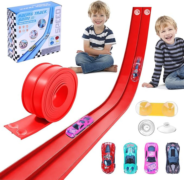 Flexible Race Car Ramp Track for Kids Toy 4 Small Race Cars and 8 Suction Cups Compatible with Hot Wheels and Diecast 1/64th Cars, Rolls Up Portable Racetrack for Ages 3 & Up (Red)