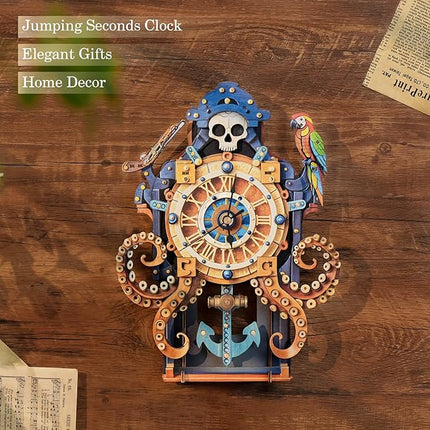 KAAYEE Octopus Pirate Skull Wooden Clock 3D Wooden Puzzle Kit – Steampunk Mechanical Wall ClockDIY Assembly Model – Wooden Puzzles Quartz Timepiece by KAAYEE