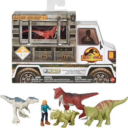 Mattel Jurassic World Dominion Carnotaurus Clash Pack, 5 Mini Toys Including 1 Human Figure & 4 Dinosaurs in Truck-Themed Package