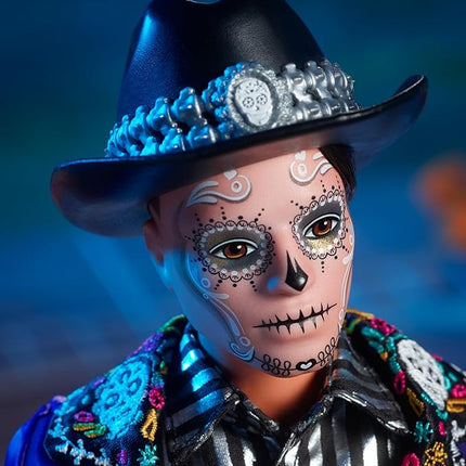 Barbie Signature Ken Fashion Doll, 2023 Dia de Muertos Collectible with Blue Jacket, Black Hat & Doll Stand