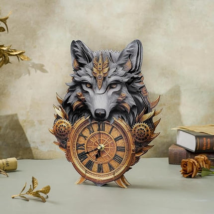 3D Puzzles for Adults Clock-Gray Wolf Design Model Kit-Mechanical DIY Pendulum Clock with Roman Numerals-Desk Home Office Decor Personalized Gift for DIY Lovers