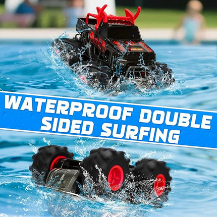 Remote Control Monster Truck Toys, 1:16 Amphibious Waterproof RC Car, 2.4GHz 4WD All Terrain Toys with 2 Rechargeable Batteries, Off-Road Truck Gifts for 6 7 8 9 10 11 12 Year Old Boys