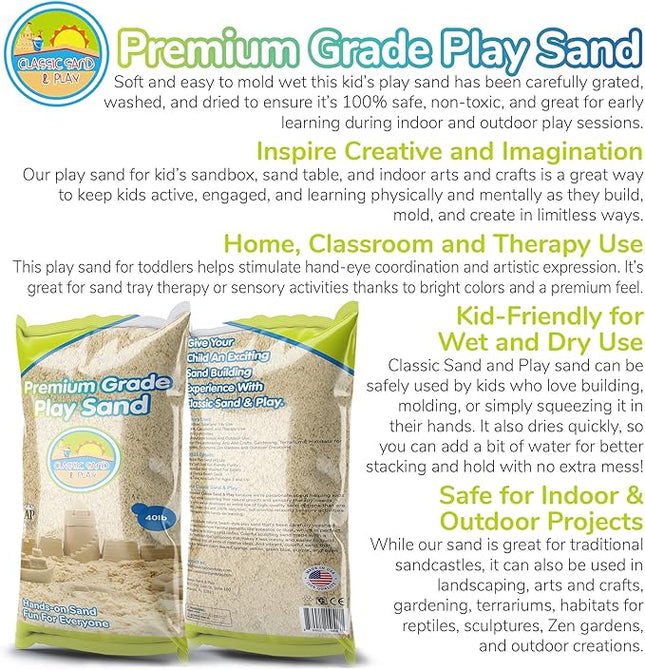 Classic Sand and Play Sand for Sandbox, Table, Therapy, and Outdoor Use, 40 lb. Bag, Natural, Non-Toxic, Wet Castle Building for Creativity and Stimulates Sensory Skills