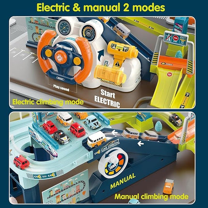 Fisca 2-in-1 Race Car Tracks PlaySet for Kids, Toy Car Ramp Track and Lifting Parking Lot, Dual Mode Toddler Car Track Toy Playset with 6 Cars, Automatic Rotary Elevator, Steering Wheel Music Driving