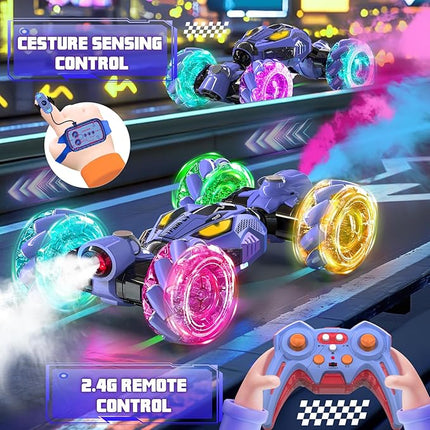 Gesture Sensing RC Stunt Cars - Toys for Boys Girls 6-12 | Best Gifts for Kids 6+ Years Old | 4WD 360° Rotating Remote Control Transform Car | All-Terrain Off Road Vehicle with Lights Music Purple