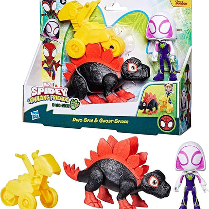 Spidey and his Amazing Friends Marvel Dino-Webs Dino Spin & Ghost-Spider 4-inch-Scale (10cm) Spider-Man Action Figure Set, Toys for Kids Ages 3 and Up