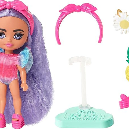 Barbie Extra Mini Minis Travel Doll with Lavender Hair, Tie-Dye Swimsuit with Puff Sleeve & Beach-Themed Accessories