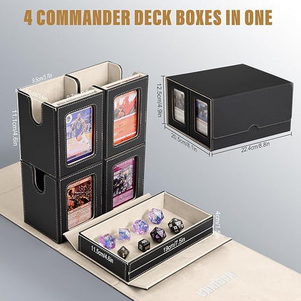 Card Deck Box for MTG with Commander Display, 5 in 1 Card Storage Box Fits 400+ Double-sleeved Cards, Removable Deck Case for TCG/Sports Cards with Dice Tray, 4 Magnetic Card Holders (Black Gold)