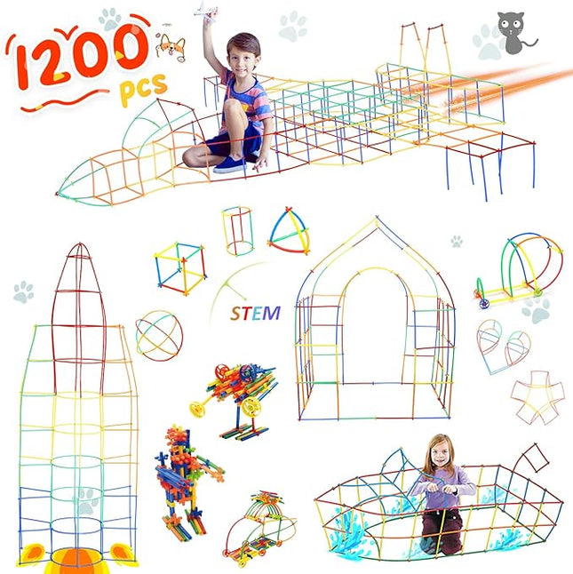 Ggiibro Straw Constructor Toys STEM Building Toys 1200Pcs Toys Aged for 3 4 5 6 7 8+ Interlocking Plastic Toys Engineering Toys Thin Tube Blocks Toy Educational Toy Kit for Classroom Kids Toys Set