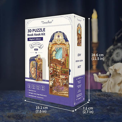 Tonecheer DIY Book Nook Kit for Adults, 3D Wooden Puzzle Bookend Miniature House Kit, Booknook Bookshelf Insert Decor with Dust Cover and LED Lights Gifts (Magical Library)