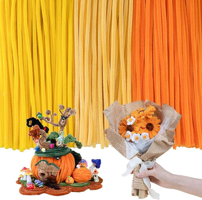 Caydo 300 Pieces Yellow Orange Pipe Cleaners, Thick Fluffy Chenille Stems, Pipe Cleaner Crafts for Arts & Crafts, Perfect for Making Animals, Flowers, and Valentine's Day Decorations