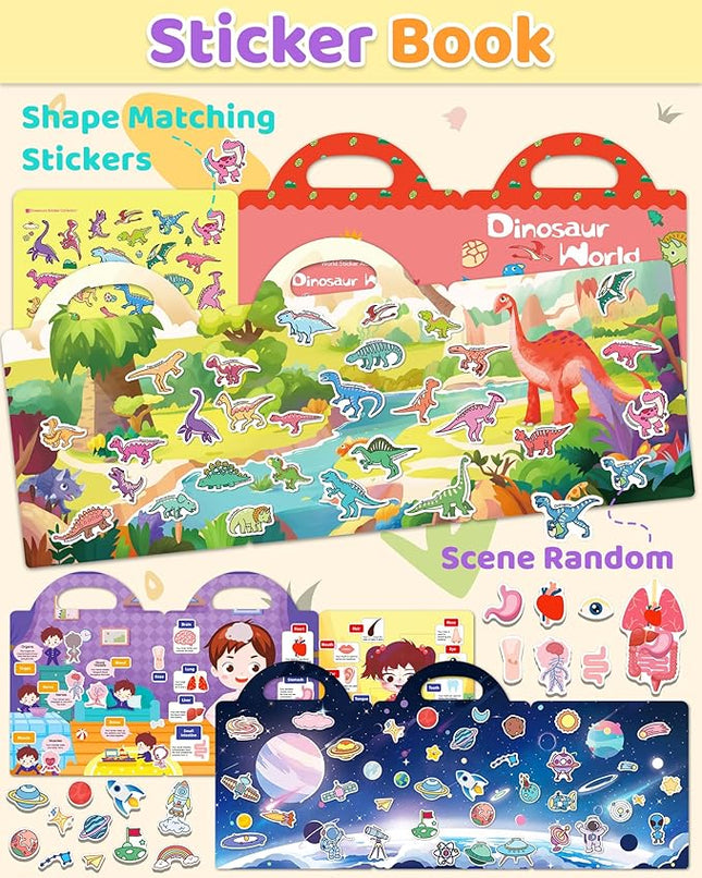 Benresive Reusable Sticker Books for Kids 2-4, Sticker Books for Toddlers 1-3 2-4, Toddler Travel Toys Activities Crafts Gifts - Dinosaurs, Space and Body