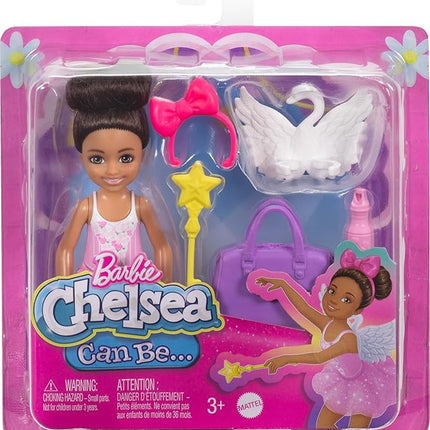 Barbie Toys, Chelsea Ballerina Set, Career Brunette Small Doll with 5 Dance-Themed Accessories Including Swan Wings