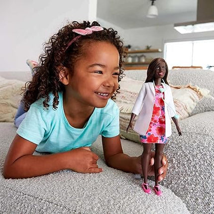 Barbie Careers Fashion Doll & Accessory, Doctor with Curvy Body Type & Brunette Hair Wearing Coat & Flats with Stethoscope